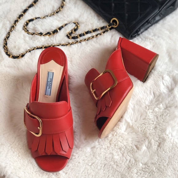 Prada Shoes - Prada red leather kiltie buckle mule slides